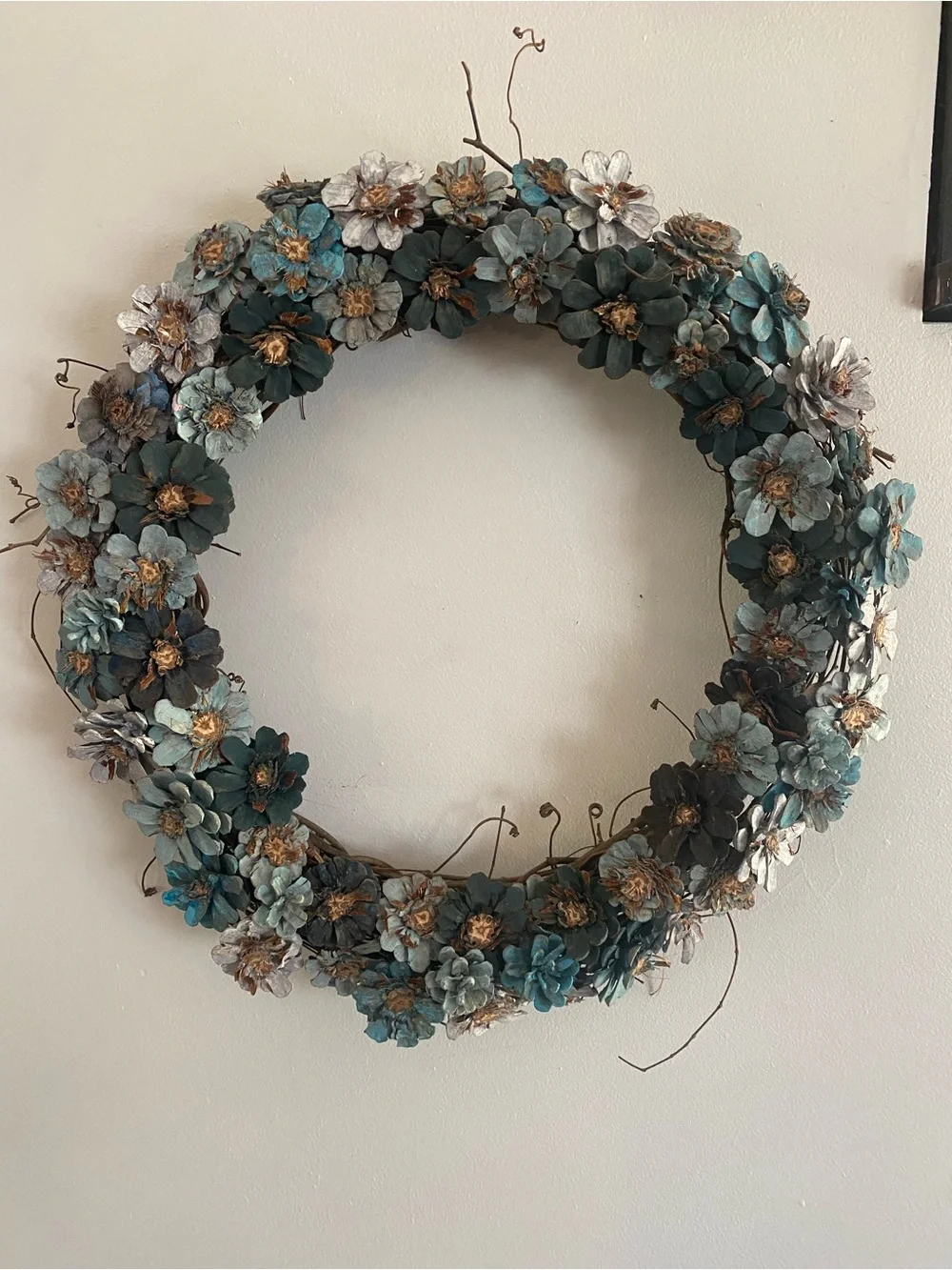 Decorative Teal and White Flower Pinecone Wreath 20”